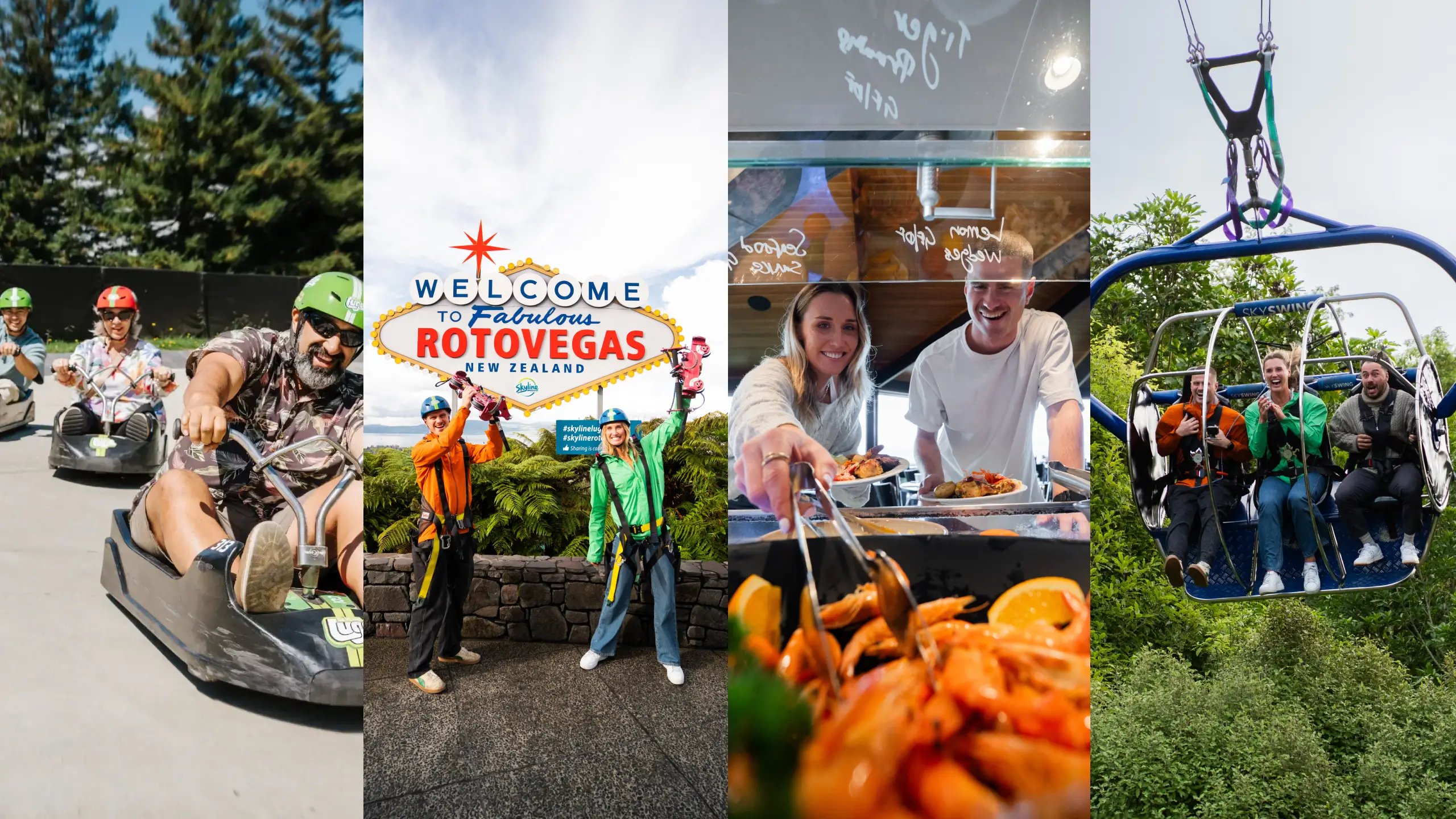 Friends and families enjoying Skyline Rotorua experiences including the Luge, Stratosfare Restaurant, Zipline and Skyswing with Gondola Annual Pass member benefits.