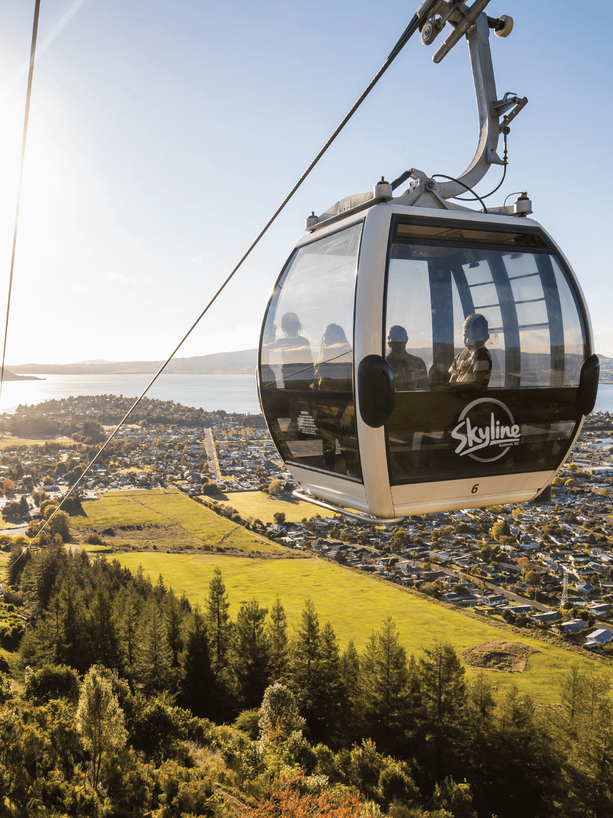 Skyline Gondola cabin glides above Rotorua with passengers inside, offering panoramic views of the city, lake, and redwood trees.