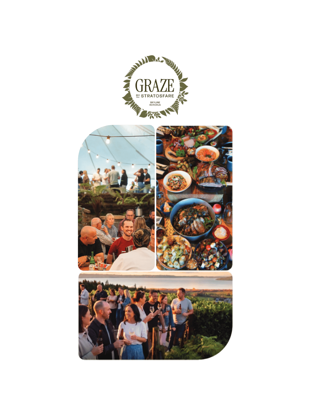 Guests enjoying outdoor food and wine experiences at Graze by Stratosfare in Rotorua, featuring shared dining platters, social gatherings, and vineyard views.