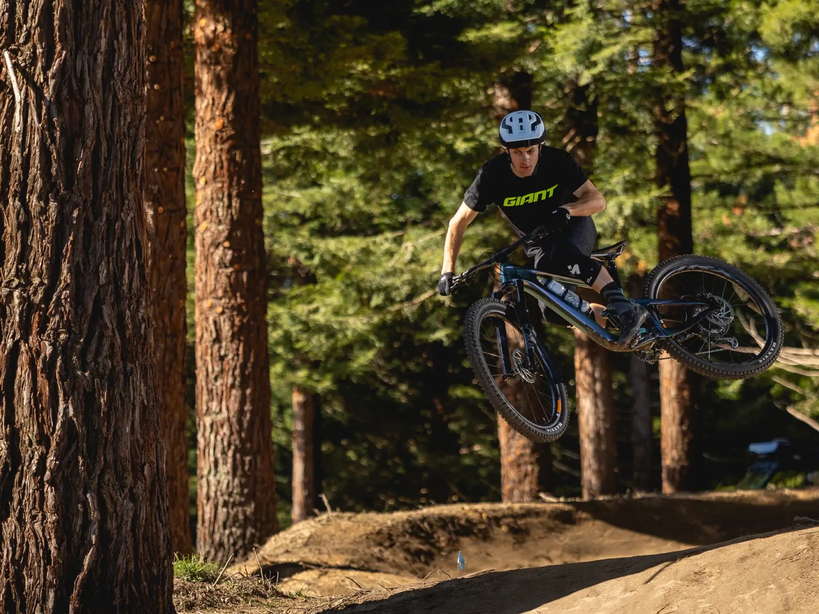 Mountain biker riding through a narrow forest trail at Skyline Rotorua MTB Park, weaving between tall trees.